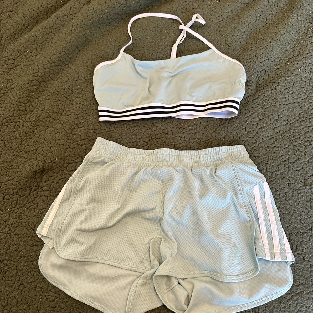 adidas Light Blue Sports Bra and Shorts Set